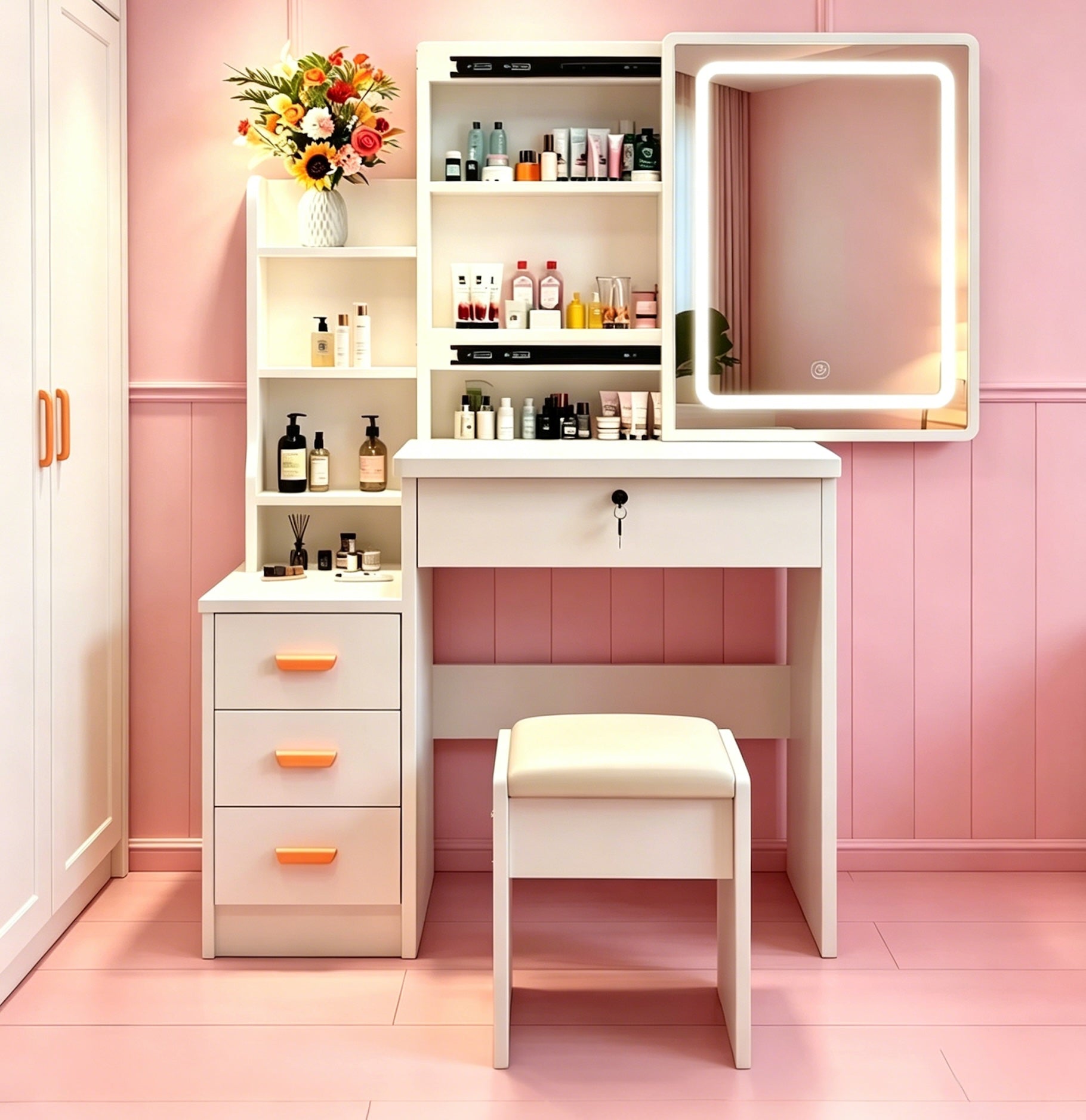 Modern-style white vanity set includes LED-lit mirror, bedroom makeup table with storage and cushioned stool; suitable for teens and adults home dressing rooms/bedrooms image 1