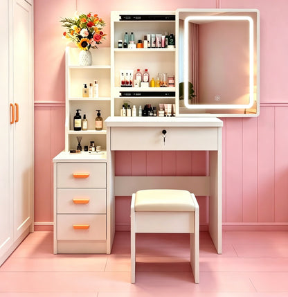 Modern-style white vanity set includes LED-lit mirror, bedroom makeup table with storage and cushioned stool; suitable for teens and adults home dressing rooms/bedrooms image 1