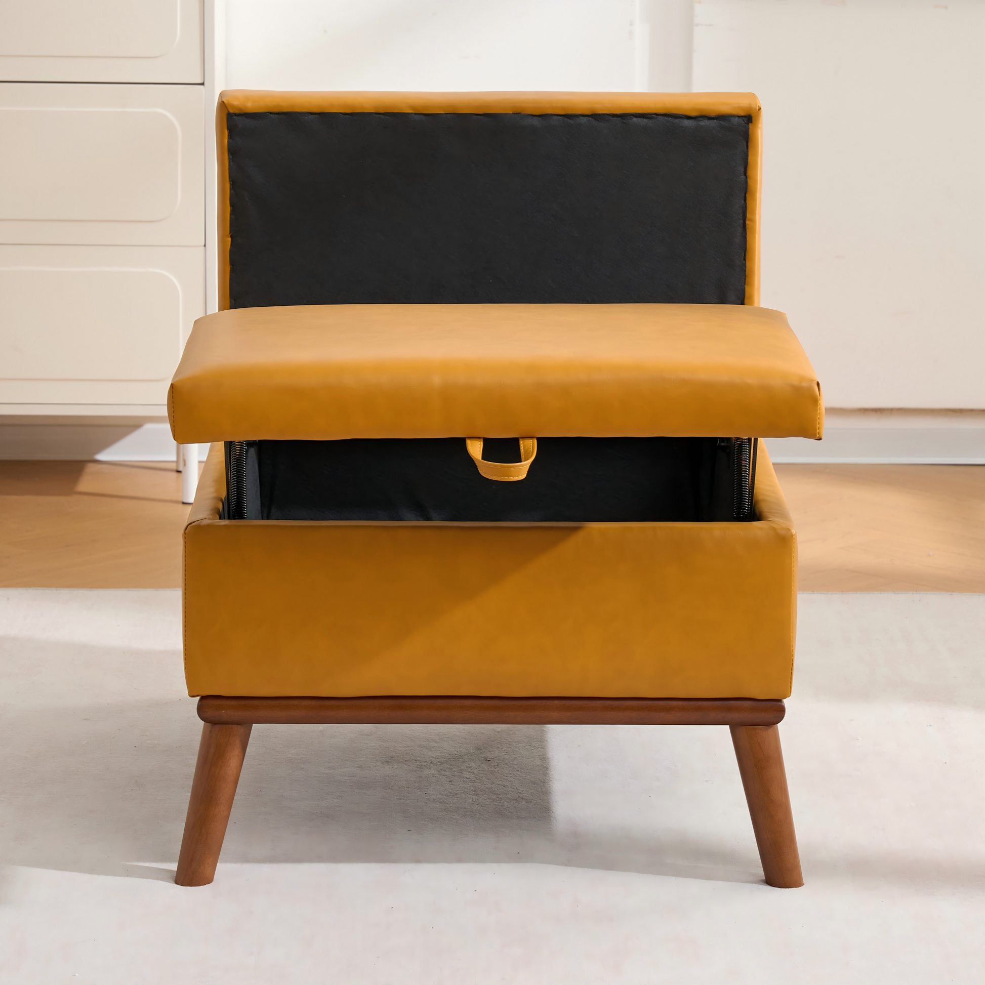 Large Ottoman with Storage, 31" Mid Century Modern Rectangle Coffee Table with Lid Lifting Function, High Wooden Legs, Oversized Storage Ottomans for Living Room, Office, Orange image 6