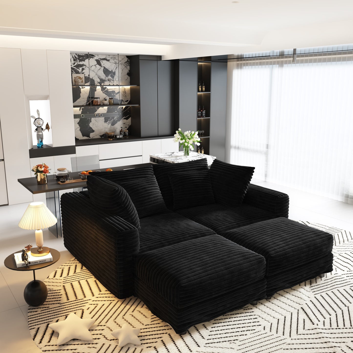 102.4 "Plush Corduroy 4-Seat Sofa,Modern Comfy Upholstered Sofa Cloud Couch,Deep Seat Couches with Soft Pillows and 2 Ottomans,Convertible Sofa Lounge Chair,Black(Old SKU:W1885S00282) image 7