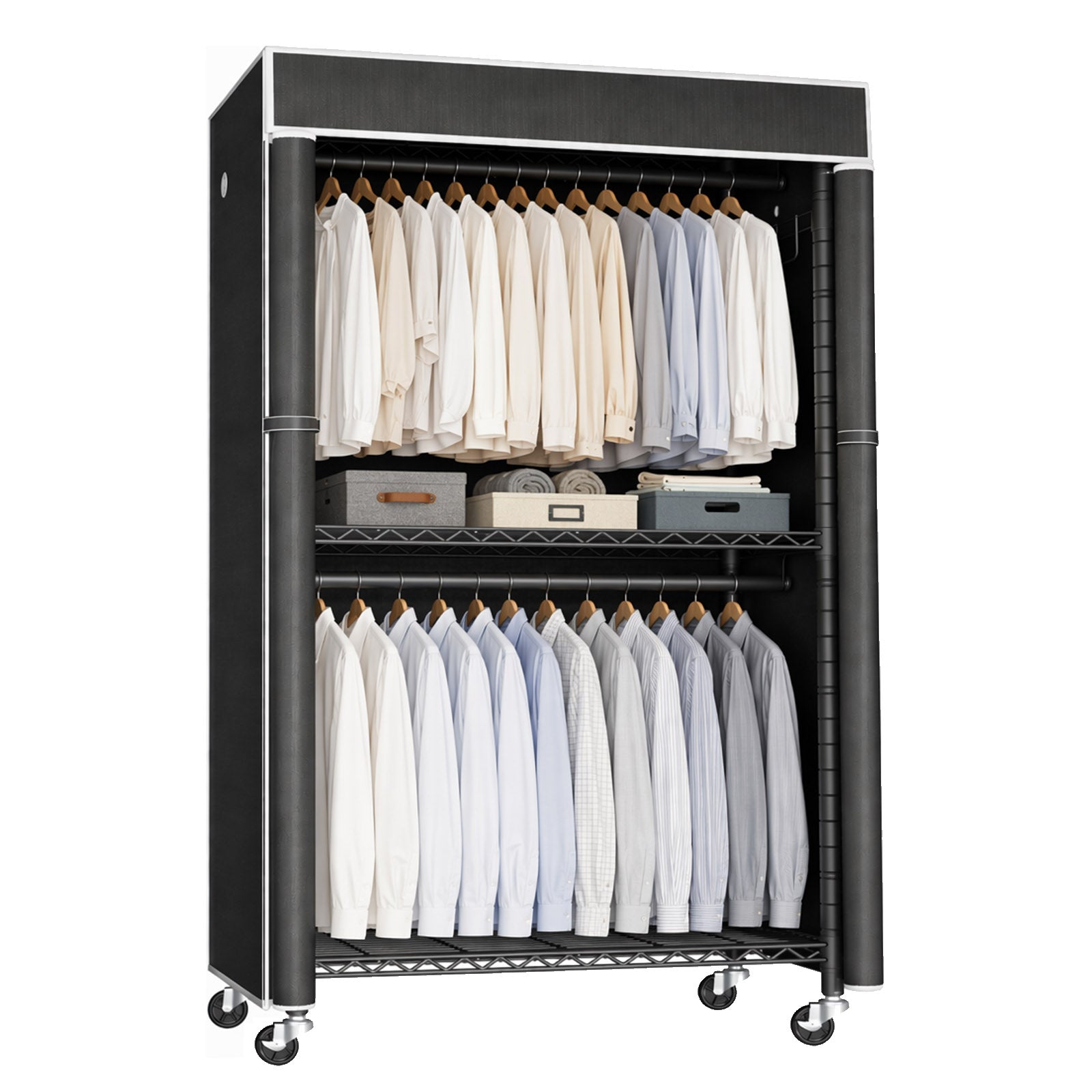 Freestanding Garment Rack with Dust Cover, Single Hanging Rod Metal Clothes Closet with Storage Shelf, Side Hooks & Rolling Wheels, Portable Clothing Wardrobe Organizer for Bedroom Storage image 1