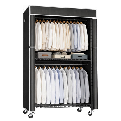 Freestanding Garment Rack with Dust Cover, Single Hanging Rod Metal Clothes Closet with Storage Shelf, Side Hooks & Rolling Wheels, Portable Clothing Wardrobe Organizer for Bedroom Storage image 1