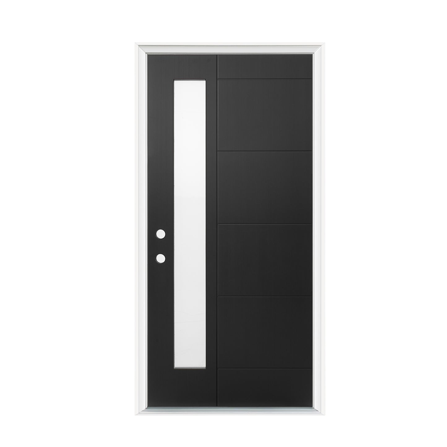 36"x80" Fiberglass Front Door with White 4-9/16" PVC Frame,Right-Hand Inswing Exterior Door with Brickmould,Contemporary minimalist brushed skin & Grooved line with frosted glass for Home Entrance, Bl image 3