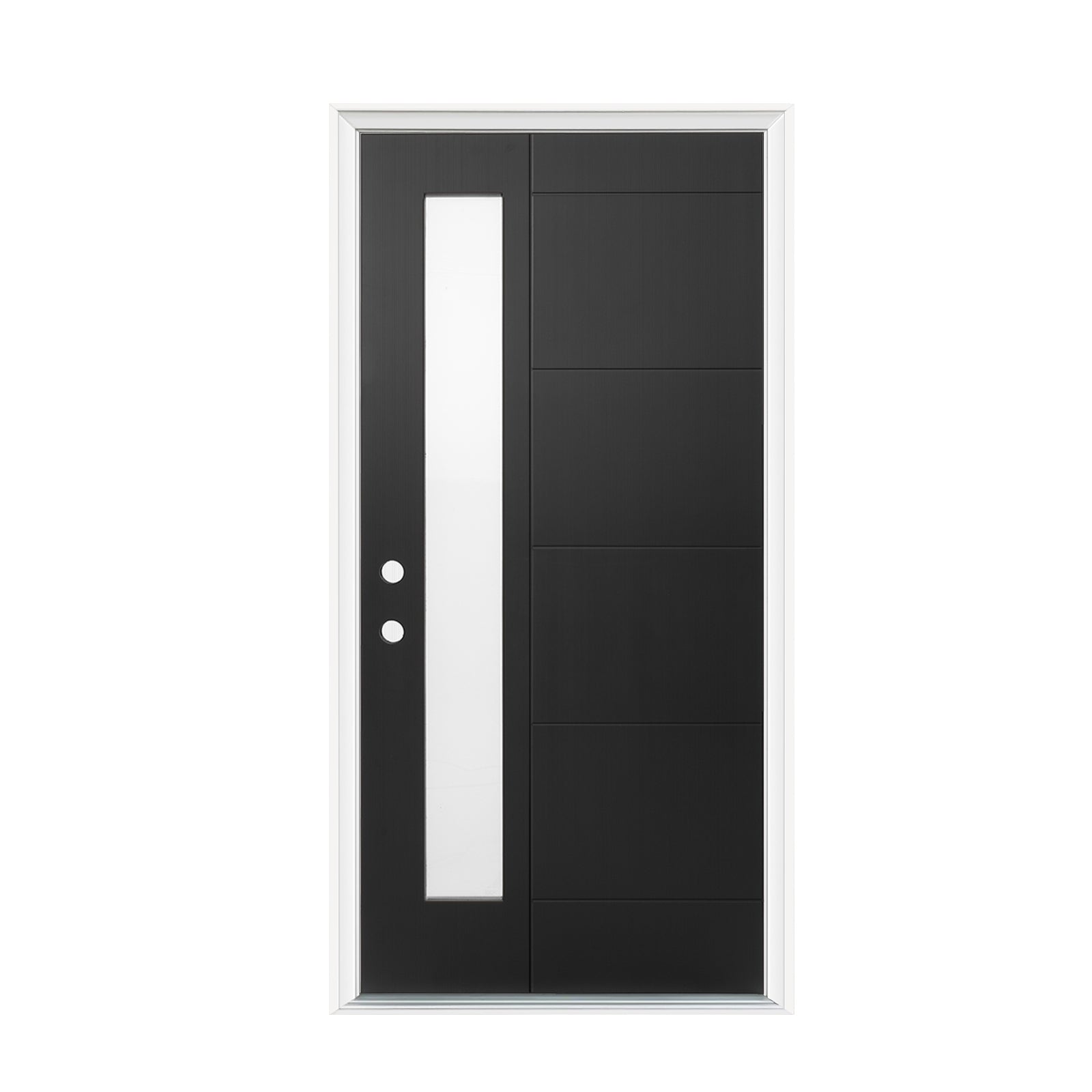 36"x80" Fiberglass Front Door with White 4-9/16" PVC Frame,Right-Hand Inswing Exterior Door with Brickmould,Contemporary minimalist brushed skin & Grooved line with frosted glass for Home Entrance, Bl image 3