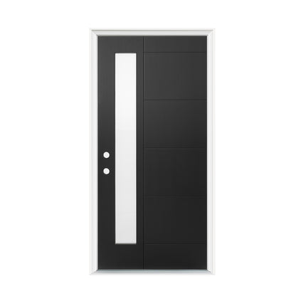 36"x80" Fiberglass Front Door with White 4-9/16" PVC Frame,Right-Hand Inswing Exterior Door with Brickmould,Contemporary minimalist brushed skin & Grooved line with frosted glass for Home Entrance, Bl image 3