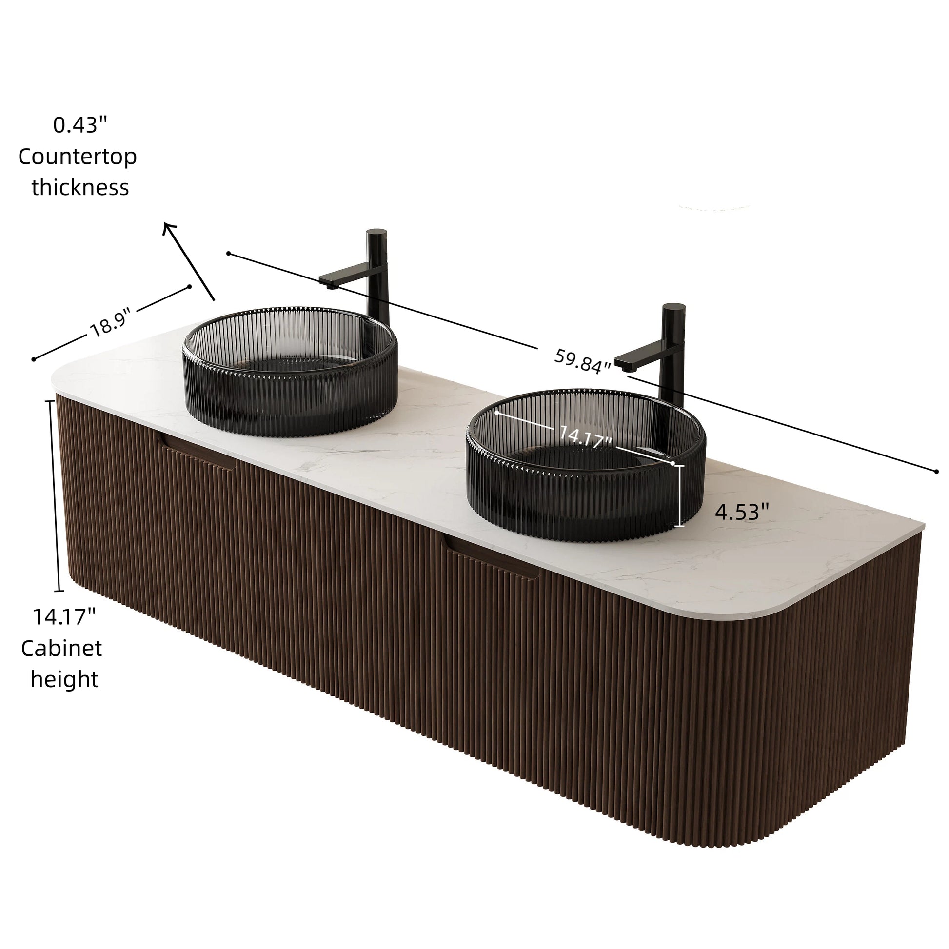 DINA 60" Bathroom Vanity&Sinks, Floating Curved Edges Striped Storage Cabinet with 2 Drawers, 2 Transparent Black Round Glass Basins&Carrara White Sintered Top, Pre-assembled, Dark Walnut Woodgrain image 5
