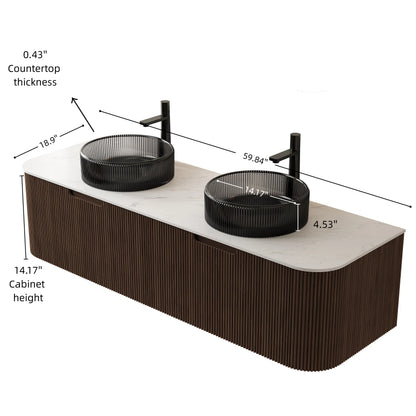 DINA 60" Bathroom Vanity&Sinks, Floating Curved Edges Striped Storage Cabinet with 2 Drawers, 2 Transparent Black Round Glass Basins&Carrara White Sintered Top, Pre-assembled, Dark Walnut Woodgrain image 5