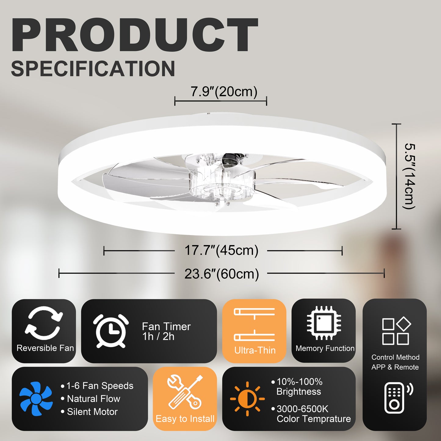 Ultra-Thin WHITE Ceiling Fan Light with Remote & App Control – 23.6'' Modern Flush Mount Fan Lamp, 6 Fan Speeds, Dimmable Brightness, 3000K-6500K Color Temperature for bedroom living room image 8