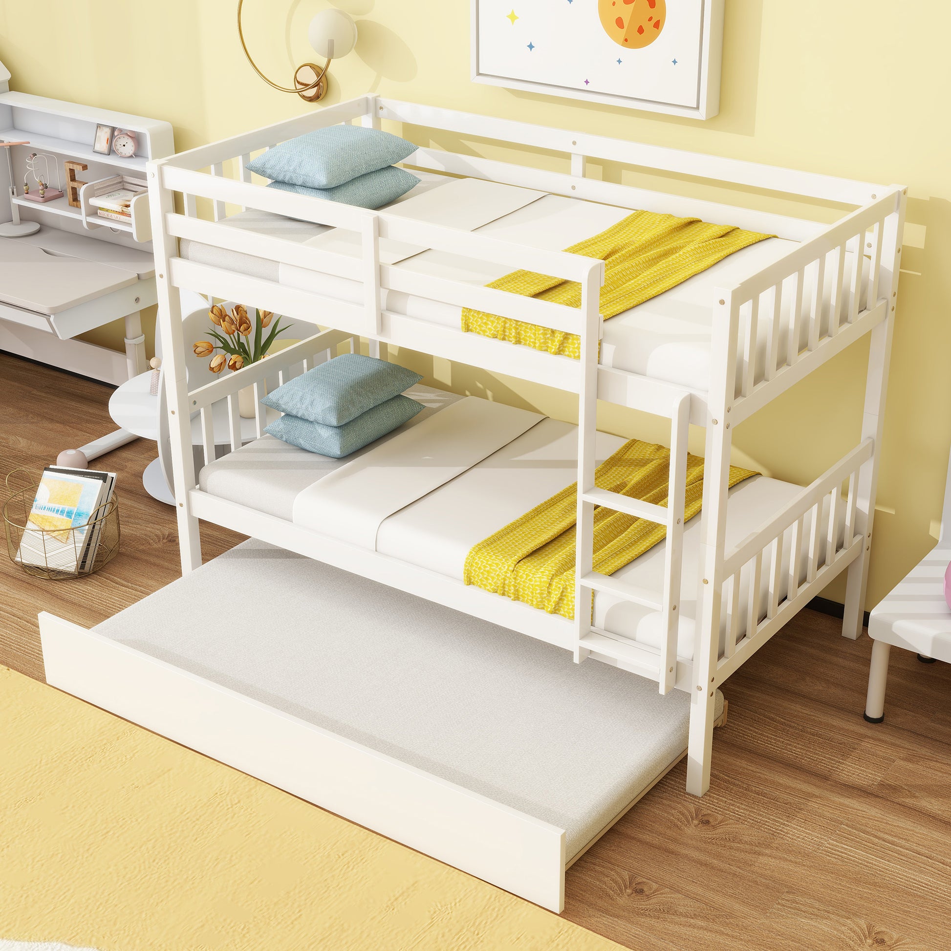 Twin Over Twin Rubber Wood Bunk Bed with Trundle, Convertible into Twin Size Beds, Twin Size Bunk Bed with Ladder and Safety Guardrails, White image 12