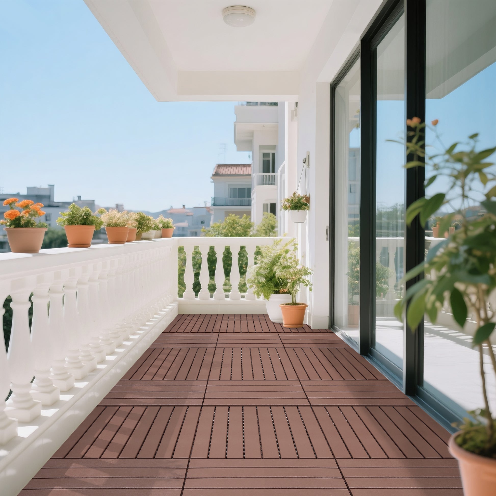 24 pieces of outdoor terrace deck tiles, DIY interlocking decking floor tiles, easy to install patio tiles, suitable for indoor and outdoor balcony backyard poolside,Brown image 8