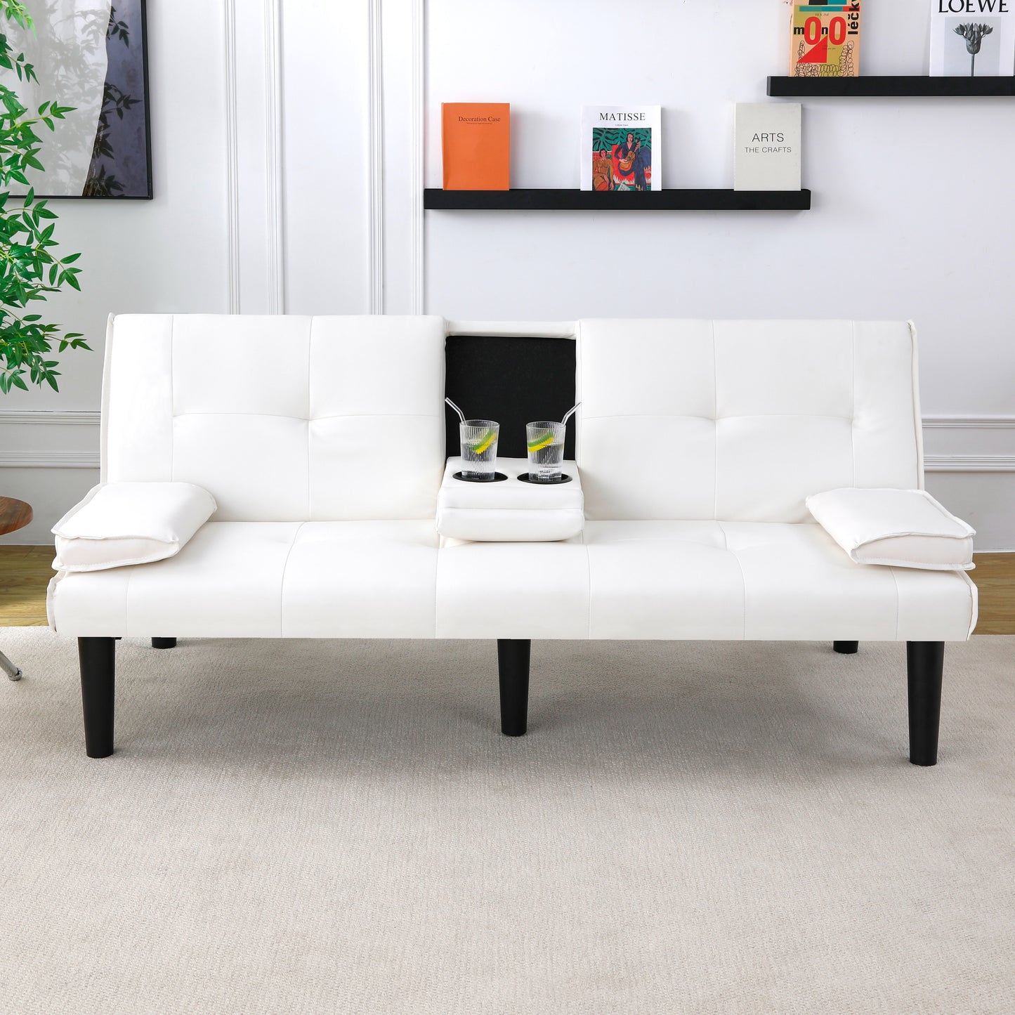 The 67-inch white PVC multi-functional sofa bed, with a foldable and cup holder design, makes it extremely convenient to turn the living room into a guest room image 2