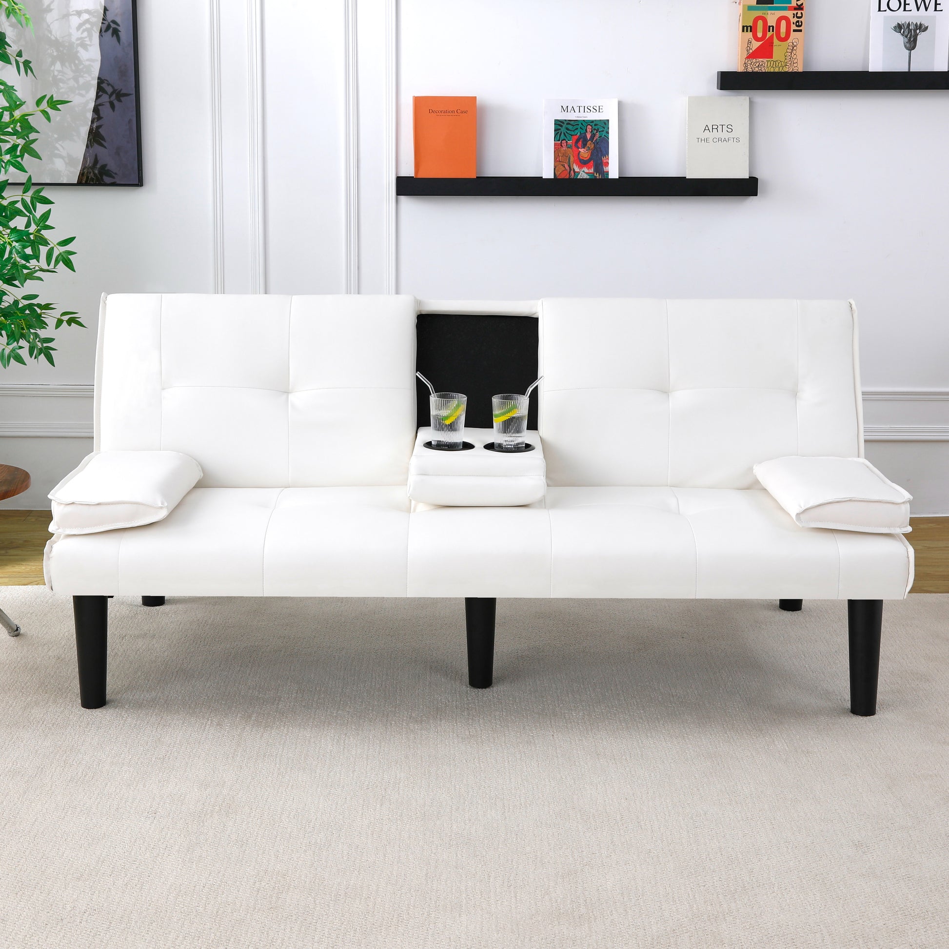 The 67-inch white PVC multi-functional sofa bed, with a foldable and cup holder design, makes it extremely convenient to turn the living room into a guest room image 2