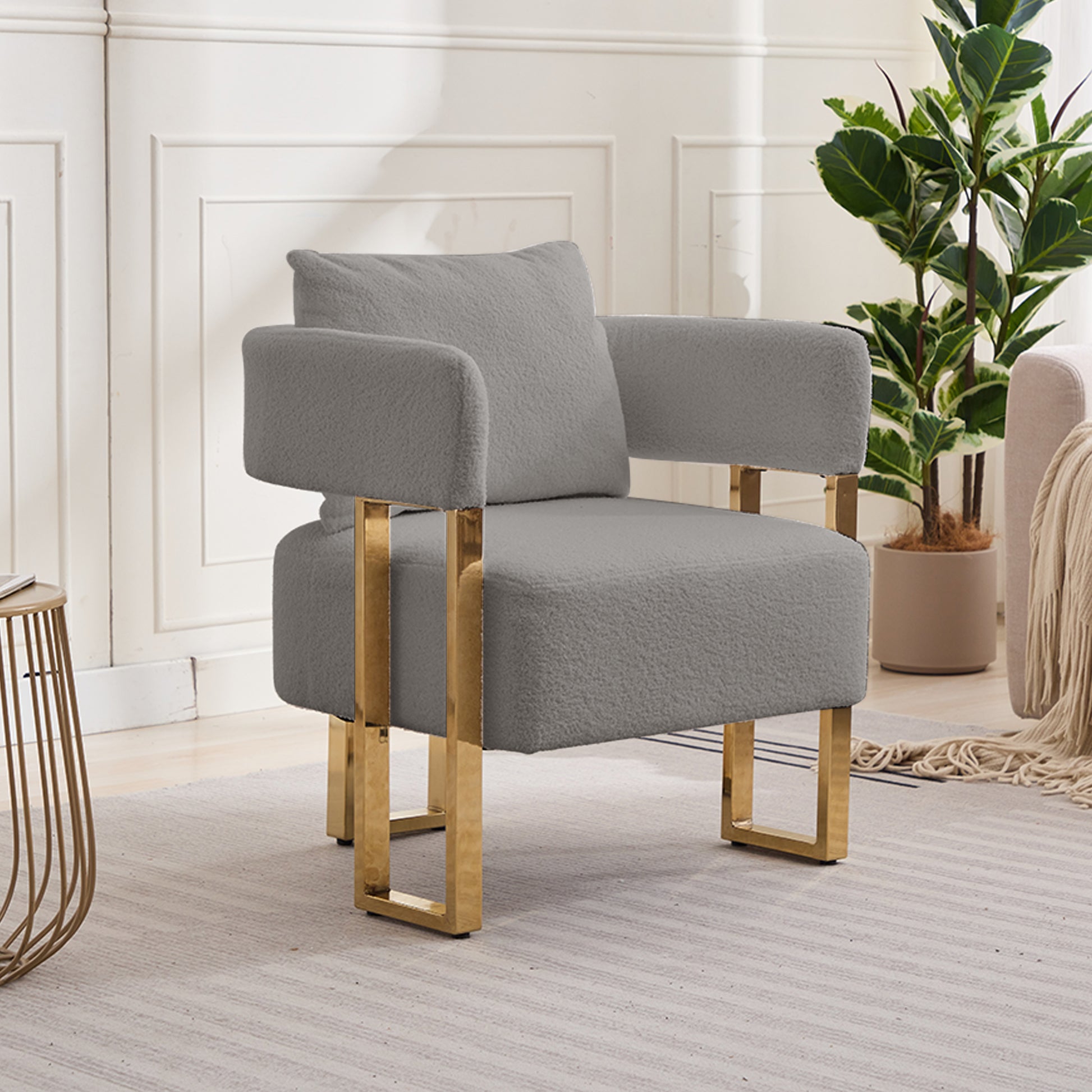 TS Modern decorative chair, living room side chair with gold metal legs, no wheels, suitable for dressing area, reception room, office,Teddy fleece upholstered metal foot sofas 2PCS Grey image 9
