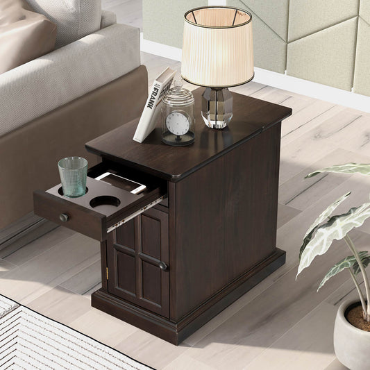 U-Can Classic Vintage Livingroom End Table Side Table with USB Ports and One Multifunctional Drawer with cup holders, Antique Espresso (Old SKU: WF296294AAP) image 1