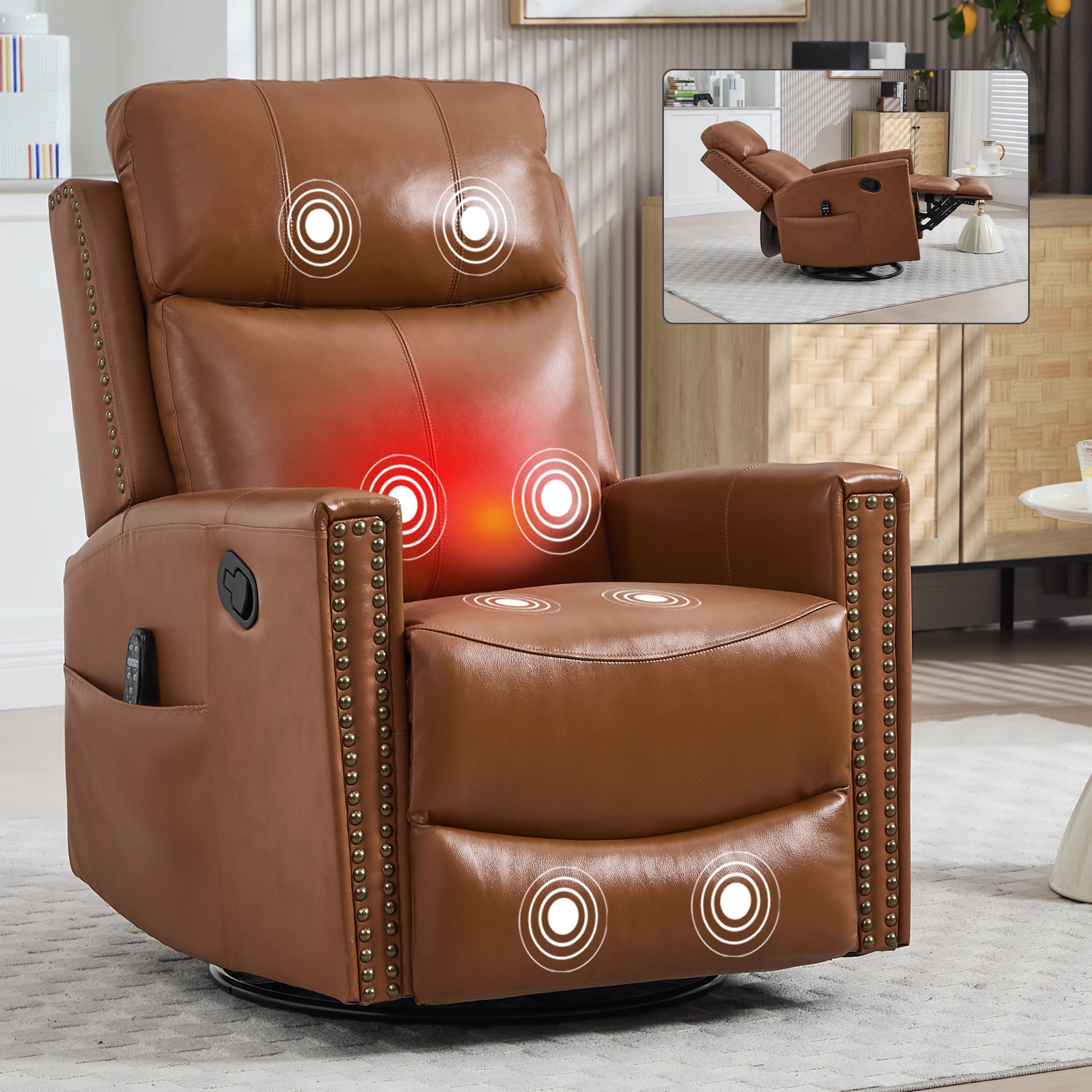 Deep Yellow Genuine Leather Heat Massage Manual Recliner Chair with Rocker and Swivel for Living Room image 12