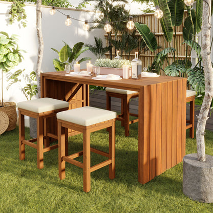 5 Piece Outdoor Bar Set, Patio Acacia Wood Bar Height Table & Four Stools with Cushions, Wood Dining Bar Set for Backyard, Poolside, Balcony, Beige Cushion and Natural Wood image 1