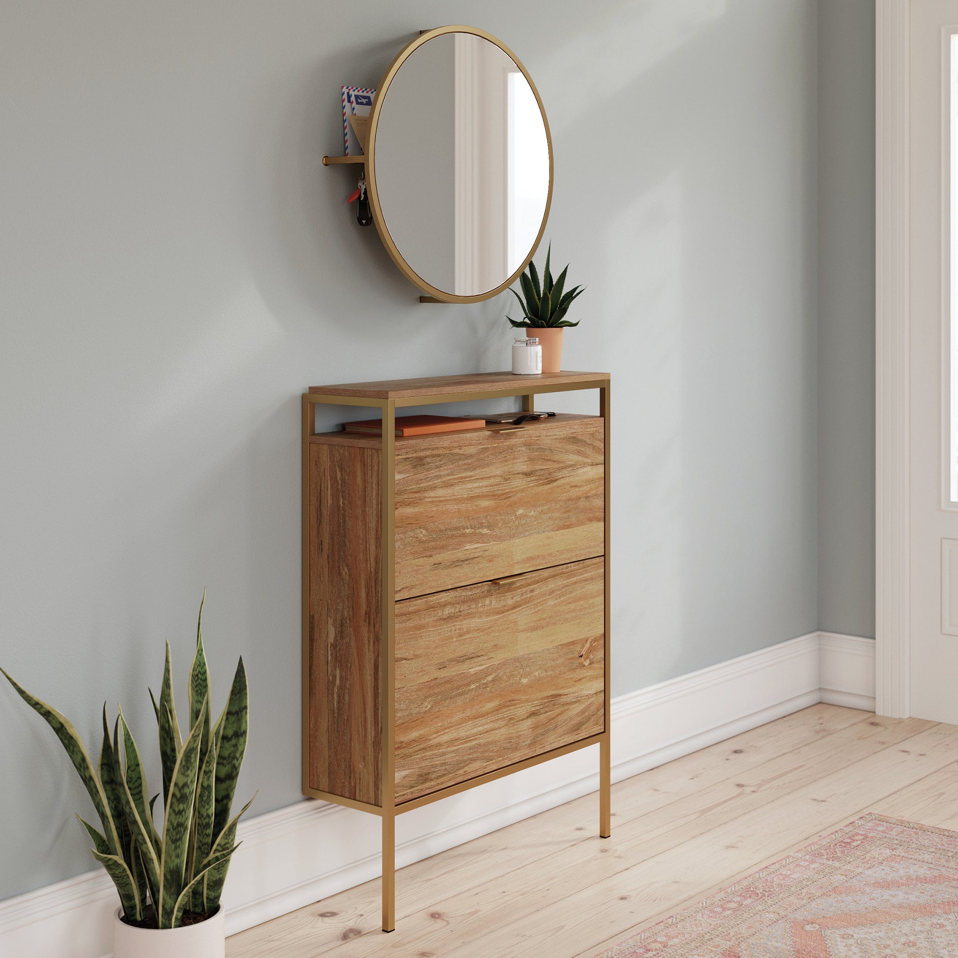 Wall-mounted Shoe Cabinet with Mirror, Brown finish image 2