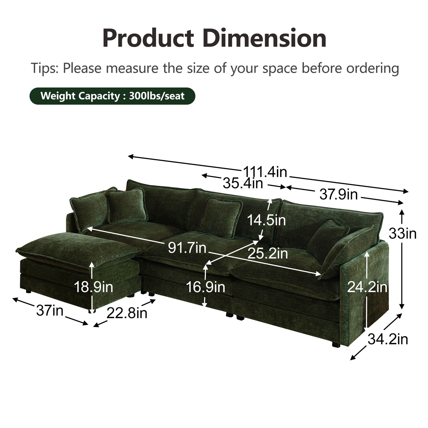 Comfortable Deep Seat Reversible Modular 3 Seater Sectional Super Soft Sofa U Shaped Sectional Couch with 3 Ottomans, 3 Toss Pillows and 2 Arm Pillows image 5