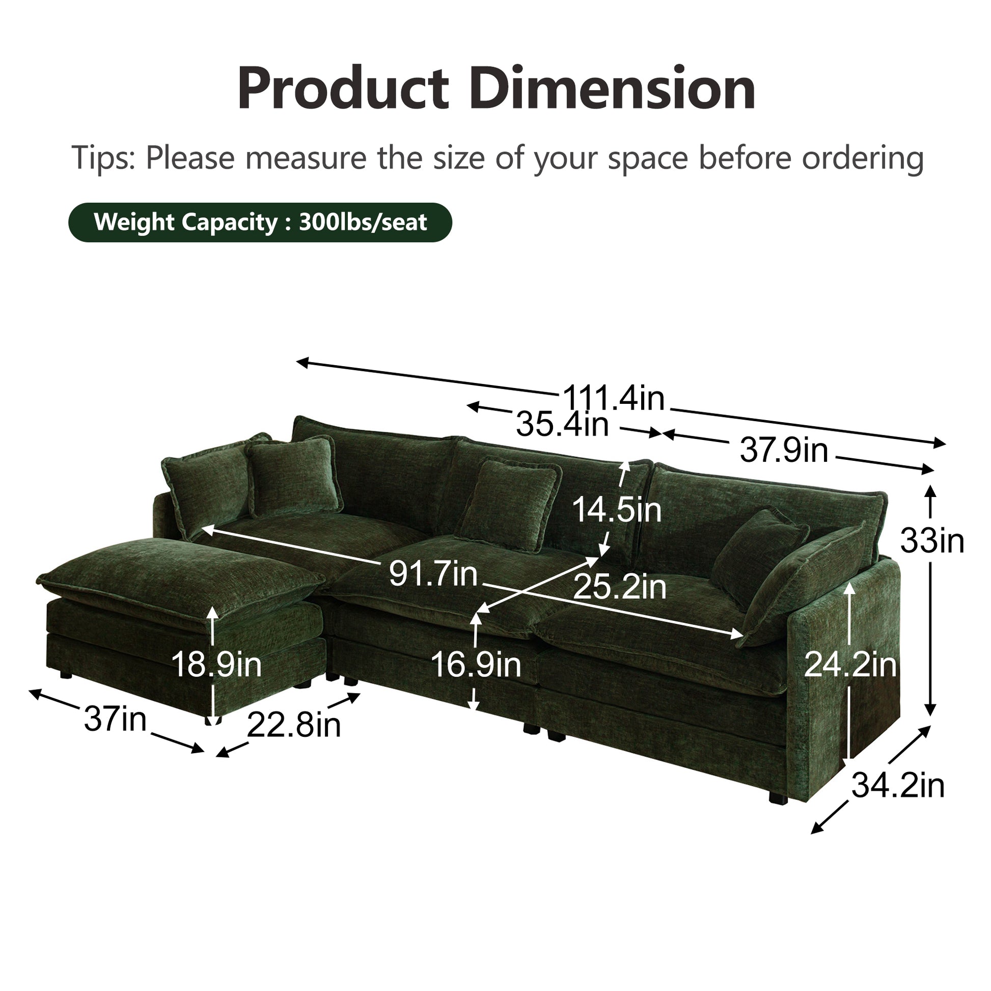 Comfortable Deep Seat Reversible Modular 3 Seater Sectional Super Soft Sofa U Shaped Sectional Couch with 3 Ottomans, 3 Toss Pillows and 2 Arm Pillows image 5