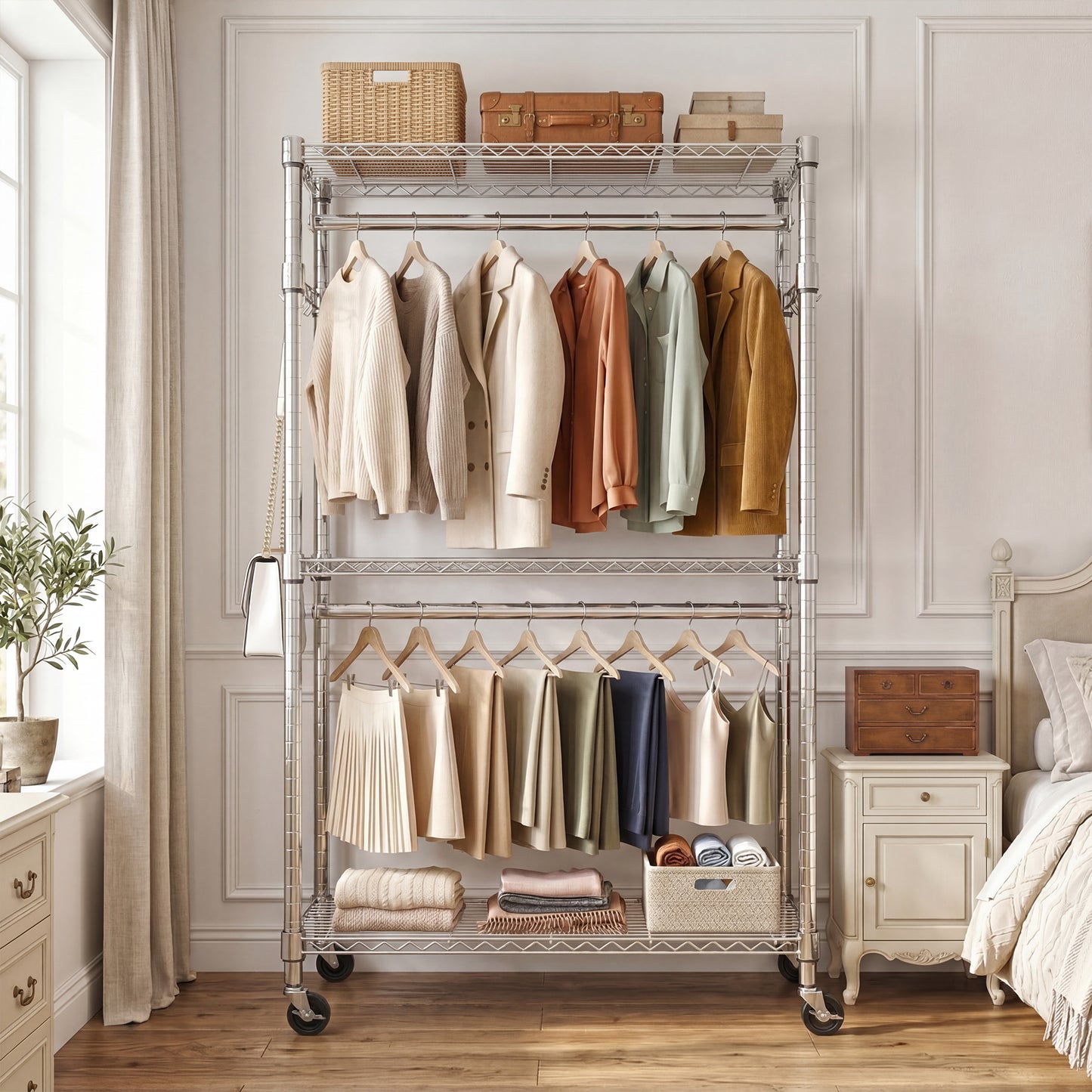 Heavy Duty Rolling Garment Rack 3 Tiers Adjustable Wire Shelving Clothes Rack with 2 Rods and Side Hooks,Storage Closet Clothing Rack with Wheels Chrome 15.7" D x 29.5" W x 74.5" H image 6