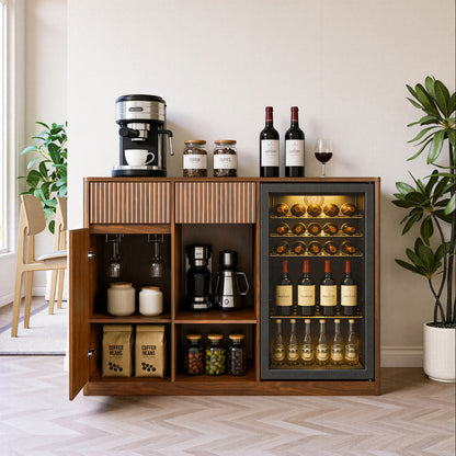 51" Fluted Bar Cabinet with Fridge Space (Fridge Not Included), Modern Coffee Station with Charging Hub & Wine Glass Rack, Walnut Buffet Sideboard for Home Beverage & Liquor Storage. image 1