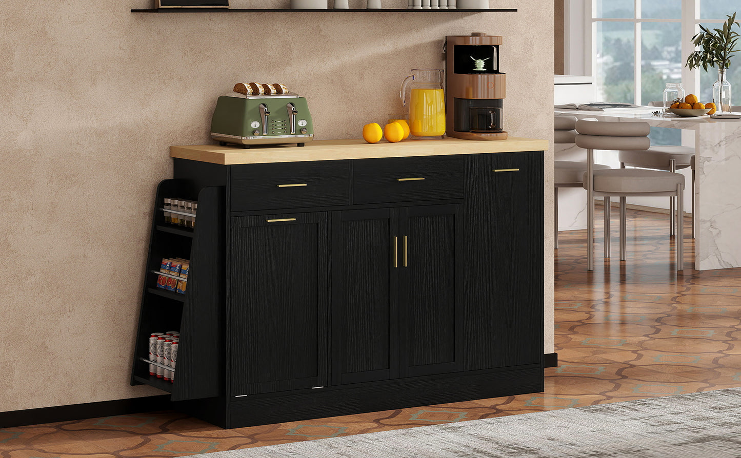TREXM Multi-Functional Storage Sideboard, Trash Can Storage, Sliding Door Cabinet & 3-Tier Spice Rack,Kitchen Island Table for Kitchen, Dining Room (Black) image 4