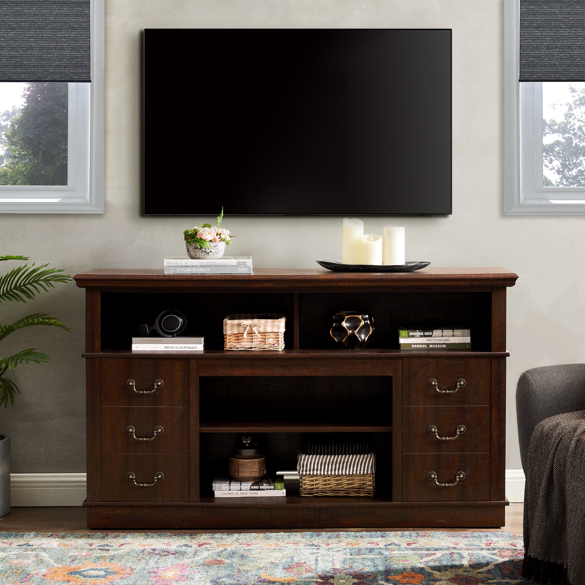 Retro TV Stand with Storage for TVs up to 65'', Mid Century Modern TV Stand & Entertainment Center with Shelf,TV Stand for Media,TV Console Table for Living Room Espresso 60"W*15.75"D*34.25"H image 7