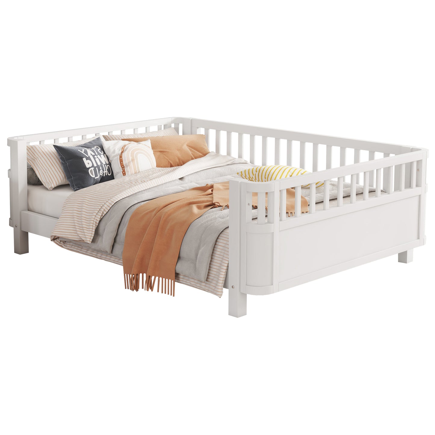 Full Size Wood Platform Bed for Kids, Wood Low Profile Full Bed with Rails for Girls and Boys, White (Patented Design, Old SKU W2593P233767) image 9