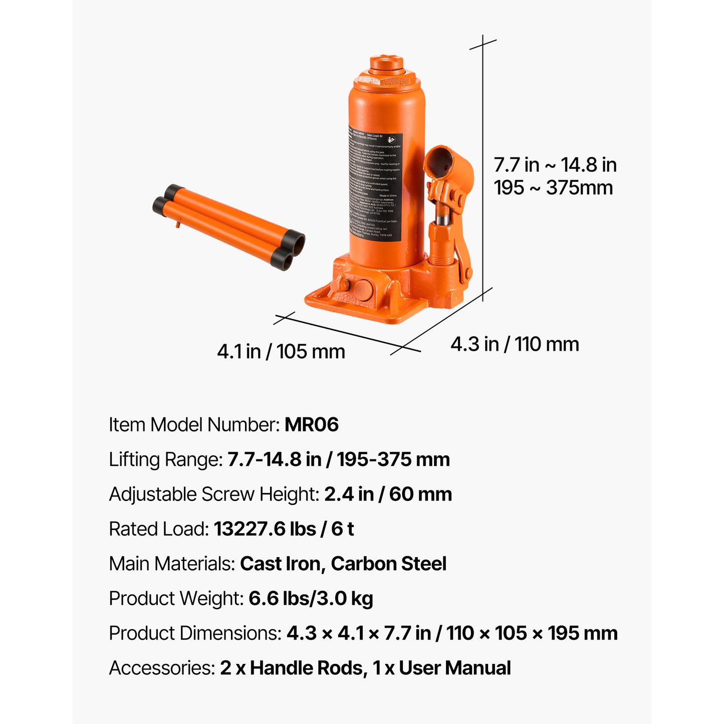 Hydraulic Bottle Jack High Lift Jack 6 Ton (13227.6 lbs) Car Auto Repair image 8
