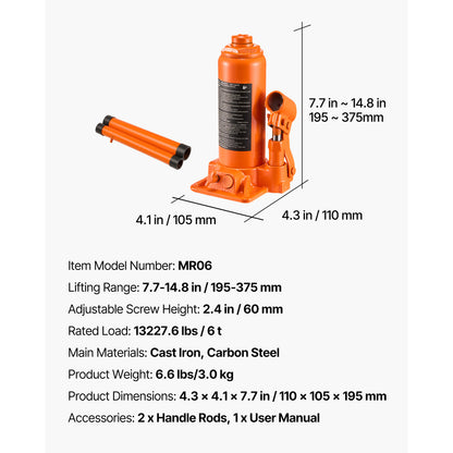 Hydraulic Bottle Jack High Lift Jack 6 Ton (13227.6 lbs) Car Auto Repair image 8
