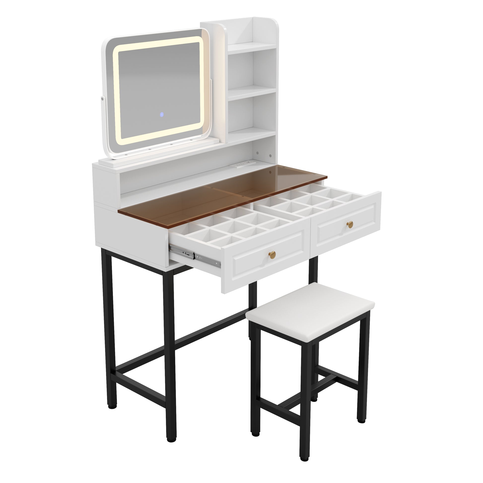 Makeup Vanity with LED Lighted Mirror, 360° Rotatable Mirror, Vanity Desk with 2 Drawers,Power Outlet and 3-Tier Shelves, Amber Glass Table Top, Dressing Table with Sturdy Metal Leg and Stool, White image 11