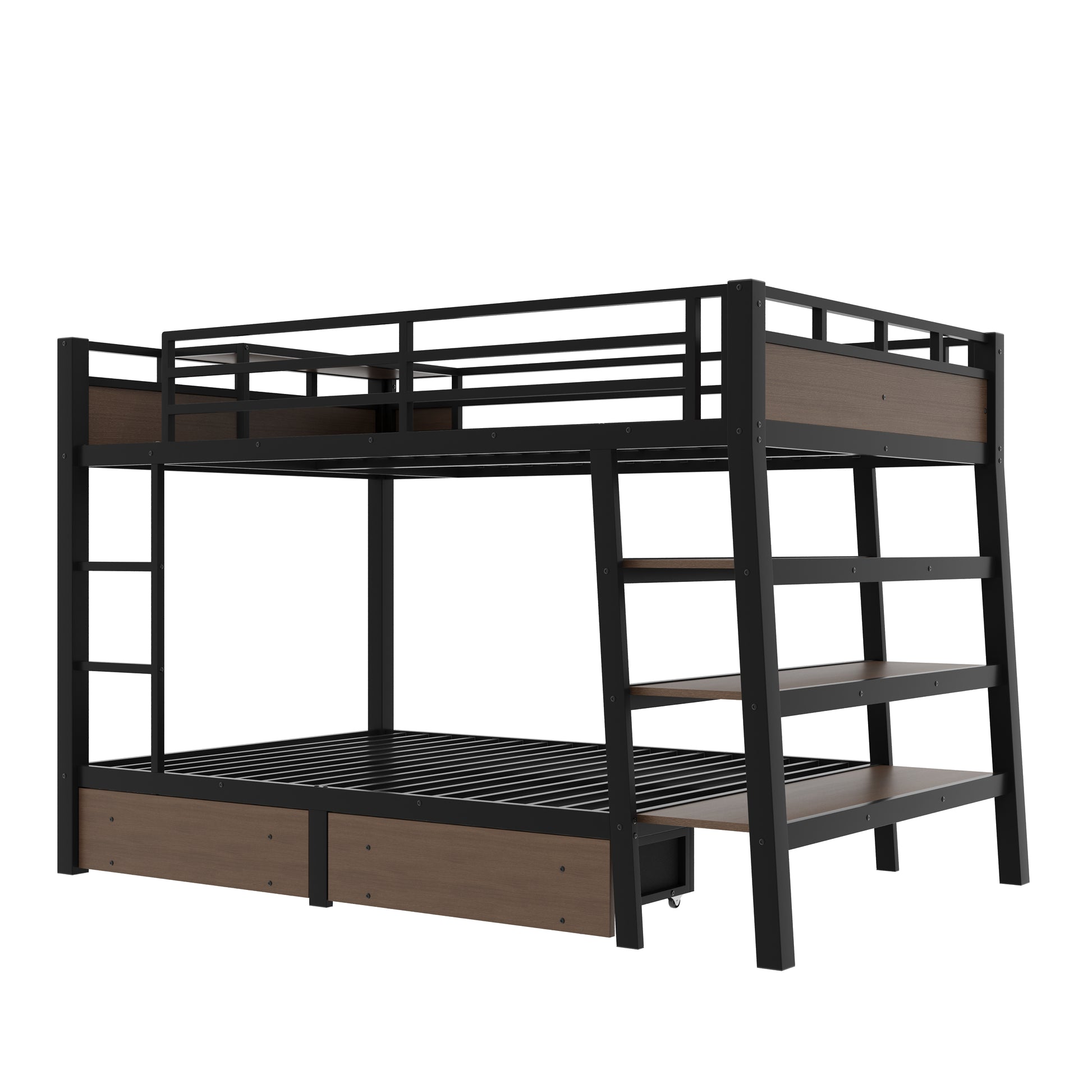 Full Size Metal Bunk Bed with Storage Shelves, LED light strip, and USB power strip, black image 6