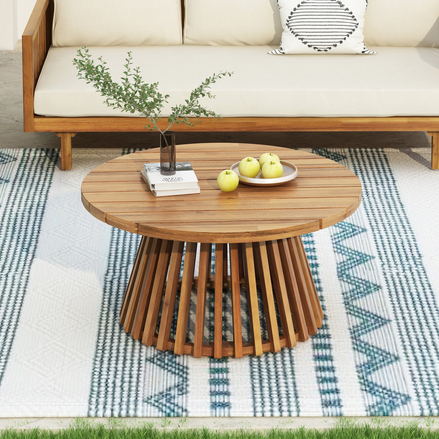 Acacia Wood Patio Furniture Set,Outdoor 3 Seater Daybed(with Water Resistant Thick Cushions)and Round Coffee Table, Dark Teal Cushion image 5