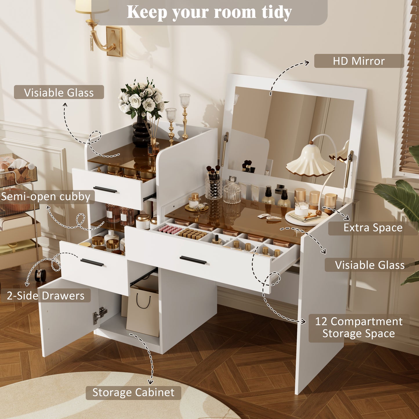 3-in-1 Vanity Desk with Flip Top Mirror, Glass Top Compact Makeup Vanity & Hidden Storage, Vanity Table with 3 Drawers and Cabinet, Space-Saving Dressing Tablefor Bedroom, White image 3