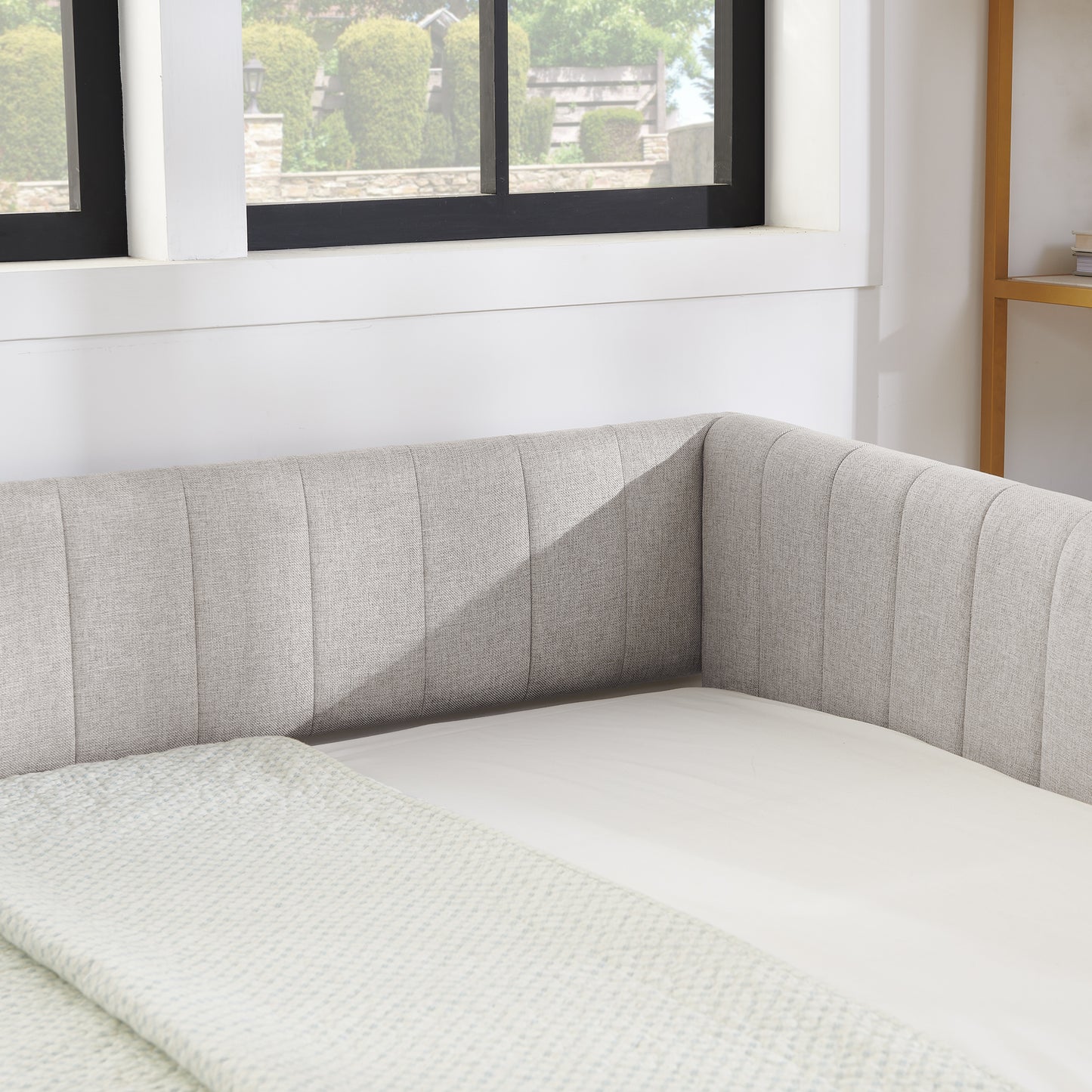 Full Size Daybed with Trundle Upholstered Sofa Bed, with Vertical Stripes, Linen Fabric, Beige (82.5"x58"x30") image 10