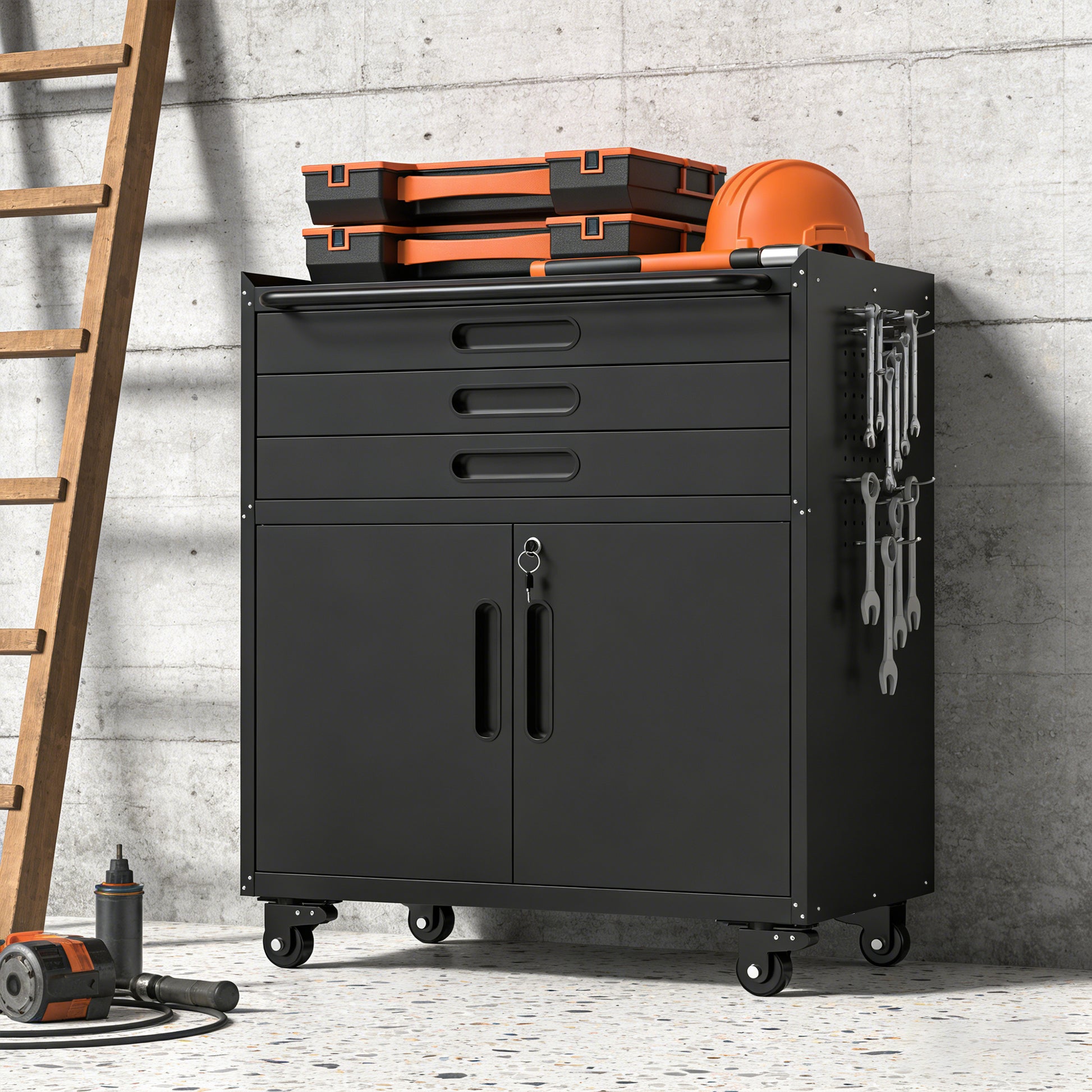 34.3" Rolling Metal Tool Cabinet - Heavy Duty Garage Storage with Lockable Doors & 3 Drawers, Mobile Workbench Organizer for Garage, Workshop, Home image 1