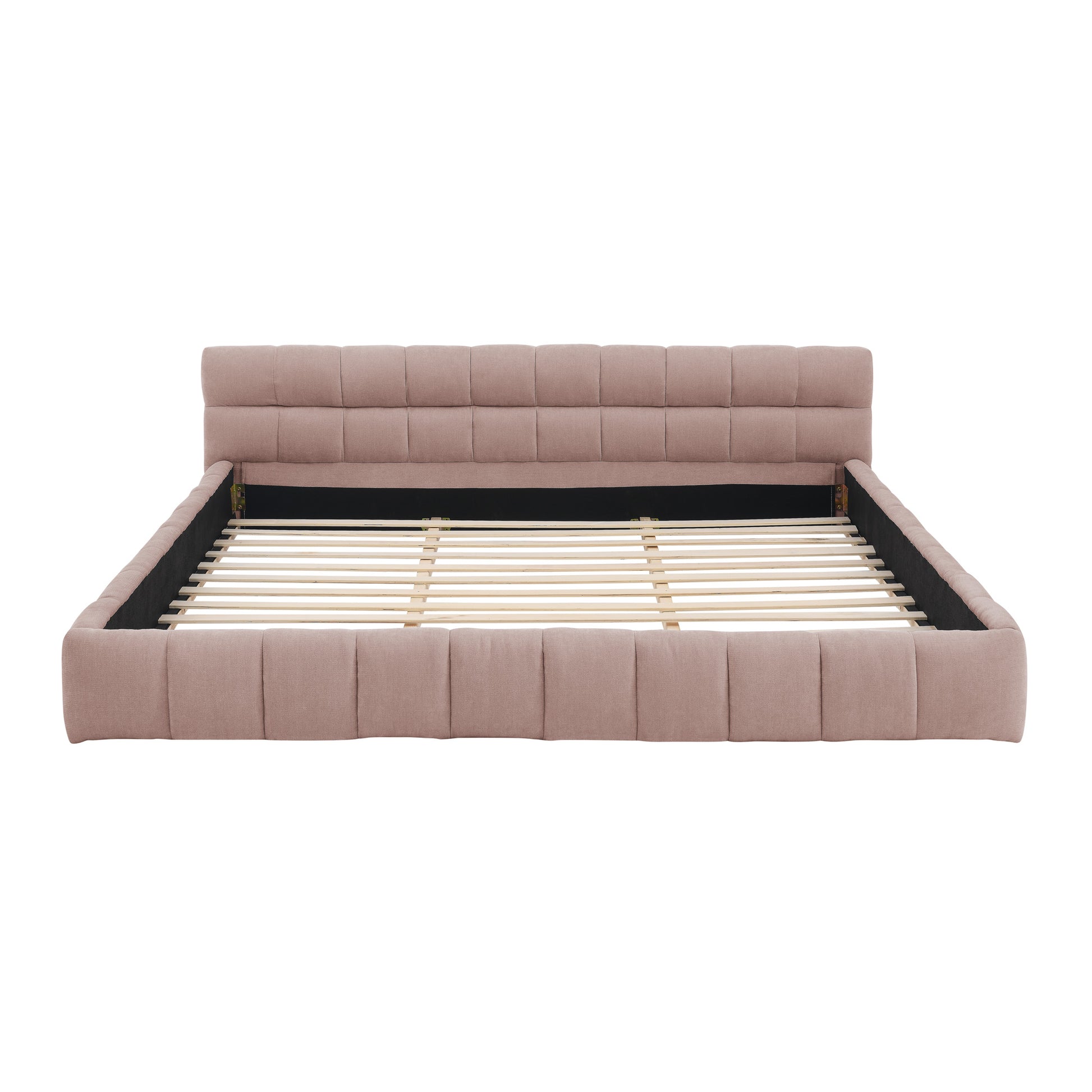 King size Upholstered Bed Frame with Thick Fabric, Chenille Fabric Grounded Queen Size Platform Bed with Headboard and Solid Frame. No Box Spring Needed-Pink(88.5''*85.5''*24'') image 9