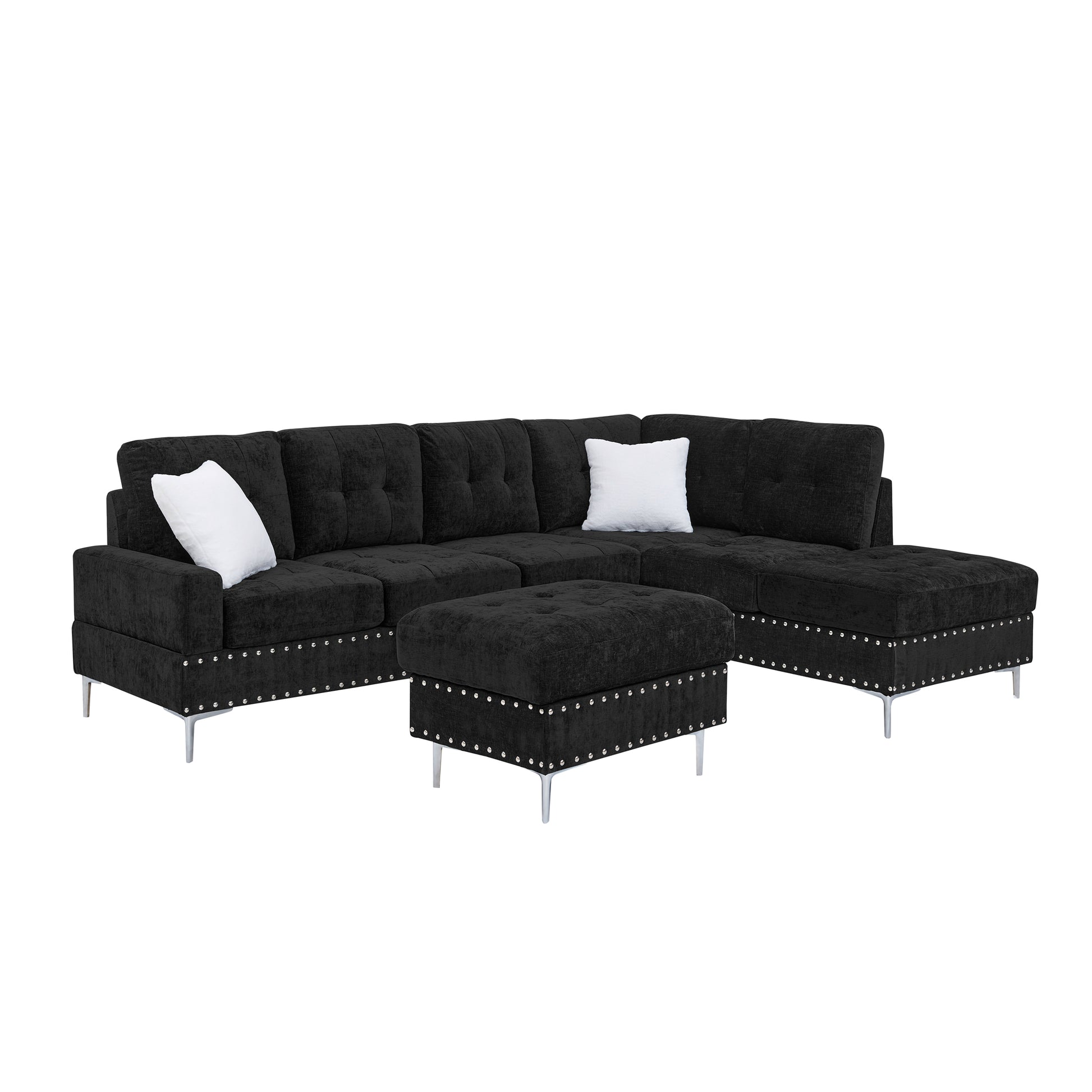 Sectional 3-Seaters Sofa with Chaise, Storage Ottoman, Metal Legs and Copper Nails,Two White Pillows,Black(102" x 76" x35") image 12