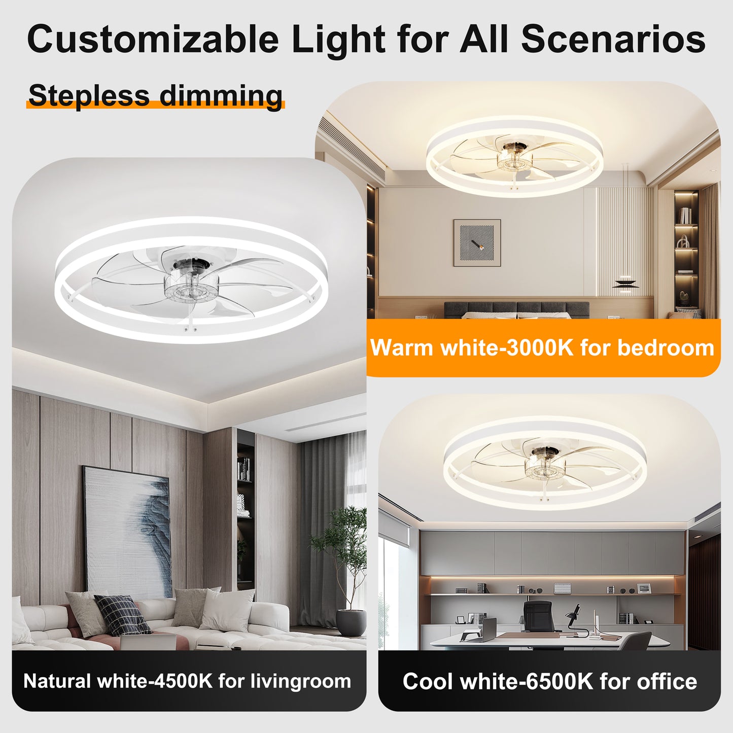 23.6 Inch Ceiling Fan with Light, Quiet DC Motor, Dimmable 3-Color Temperature 3000K-6500K, APP & Remote Control, With Timing image 2