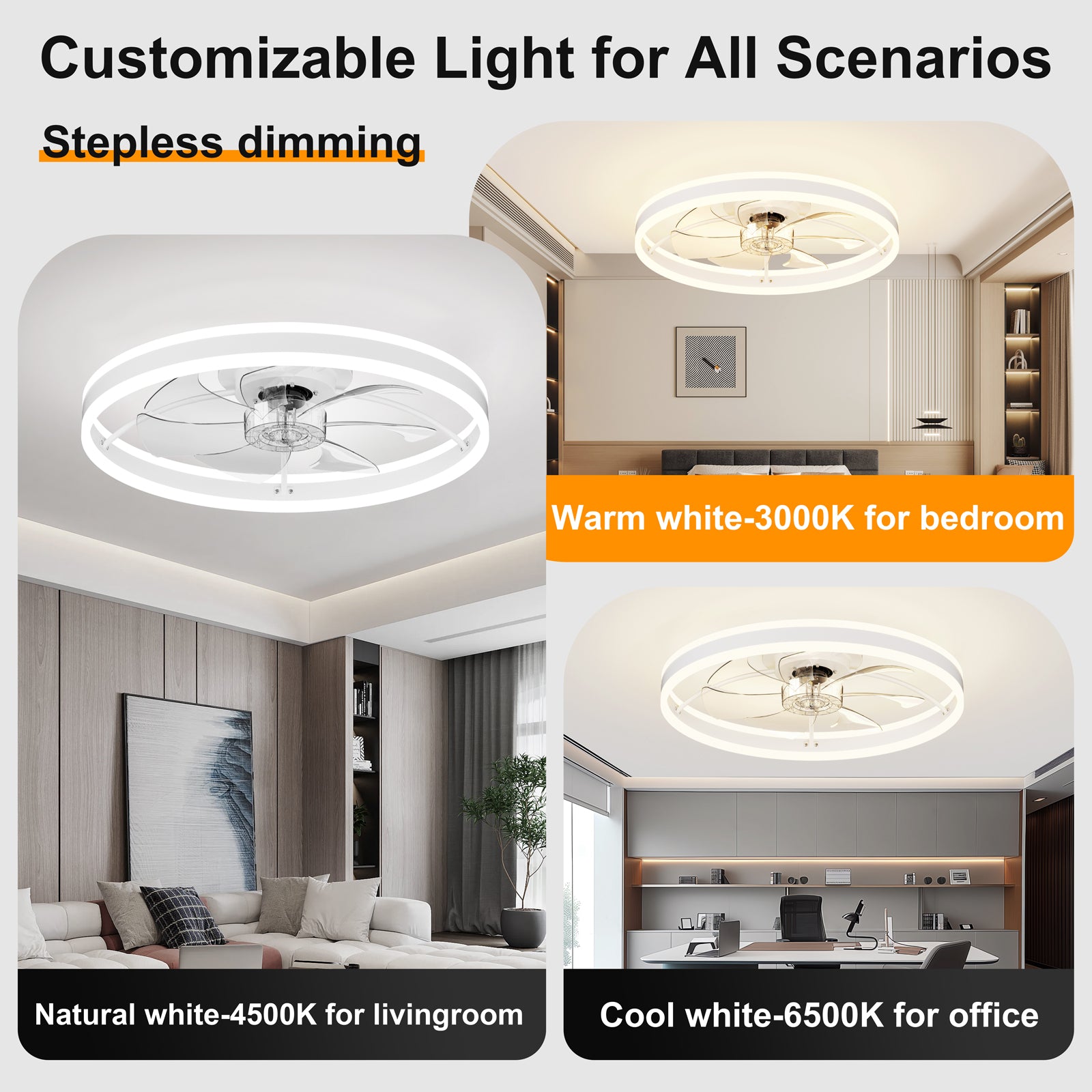 23.6 Inch Ceiling Fan with Light, Quiet DC Motor, Dimmable 3-Color Temperature 3000K-6500K, APP & Remote Control, With Timing image 2