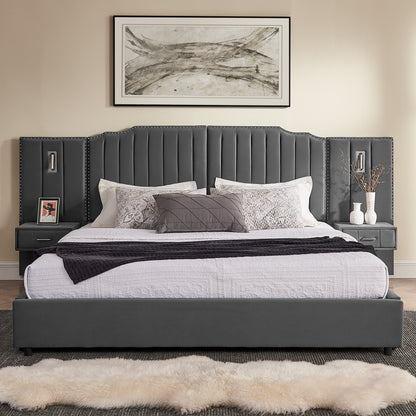 King Size Upholstered Bed Frame with Velvet Fabric, Vertical Stripe Design with Buttons Around King Size Platform Bed with Headboard, Solid Frame & Bedside Table - No Box Spring Needed-Gray image 4