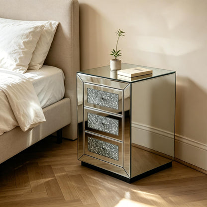 Mirrored Nightstand 3 Drawer, Silver Mirror Finish Bedroom Side Table with Crystal Handles for Living Room, Apartment, Office. Silver. image 10