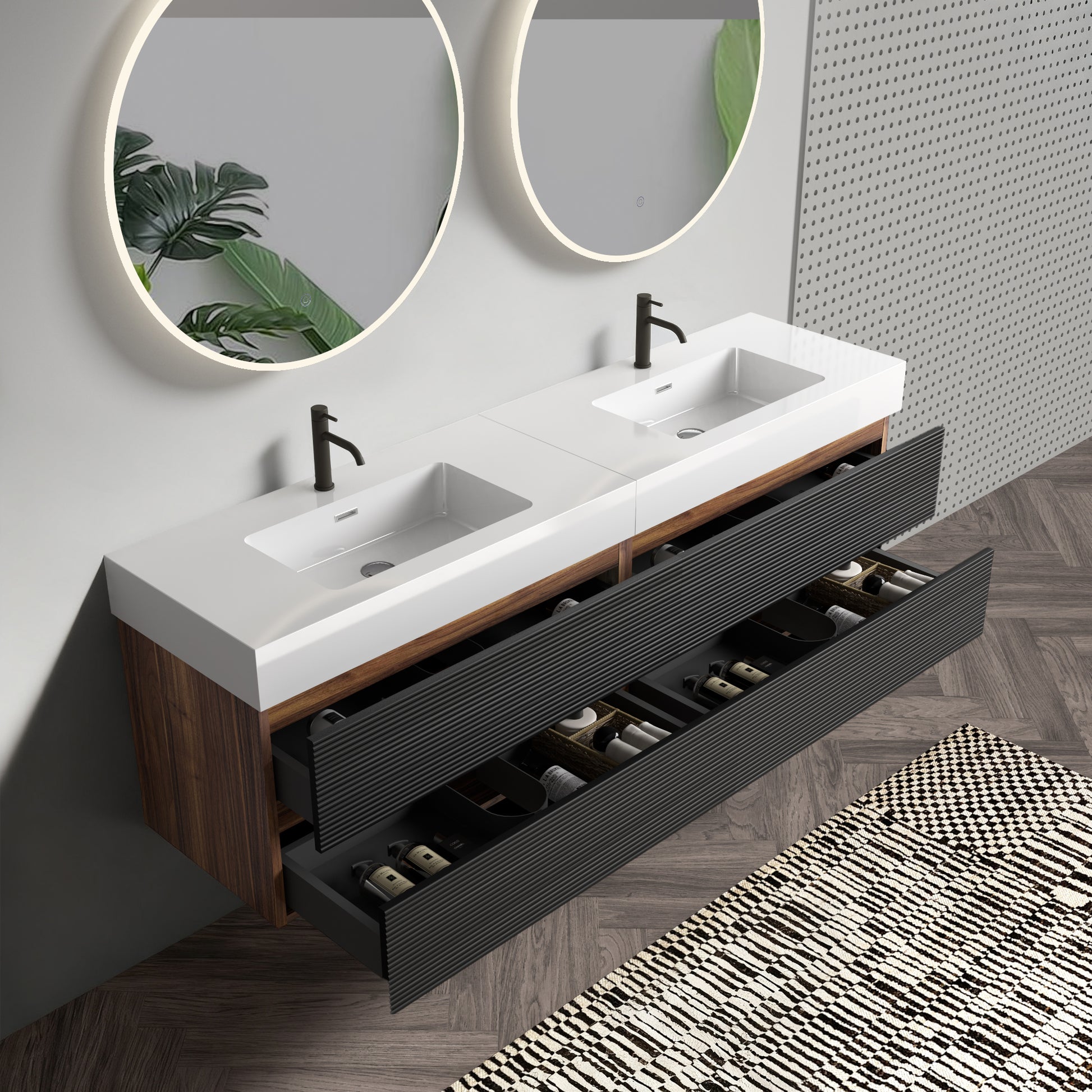 Grace 72''(36Inch*2) Bathroom Vanity with Matt Black Engineered Quartz Sink and Soft Black Drawers, Wall Mounted Floating Bathroom Vanity, One-Piece Glossy White Basin, KD image 2