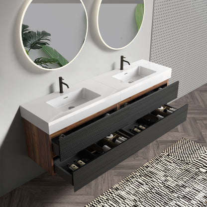 Grace 72''(36Inch*2) Bathroom Vanity with Matt Black Engineered Quartz Sink and Soft Black Drawers, Wall Mounted Floating Bathroom Vanity, One-Piece Glossy White Basin, KD image 2