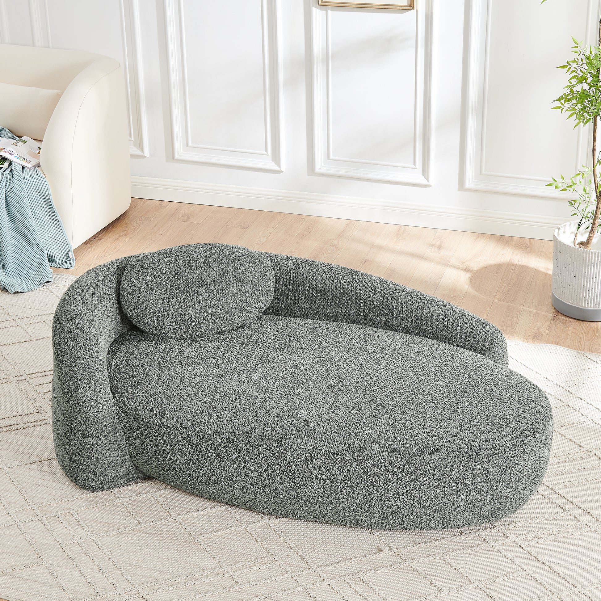 Modern Oval Single Lazy Sofa Chair with Integrated Backrest, Side Armrest and Pillow, Compact Space-Saving Lounge Chair for Living Room Bedroom-Dark Gray image 3