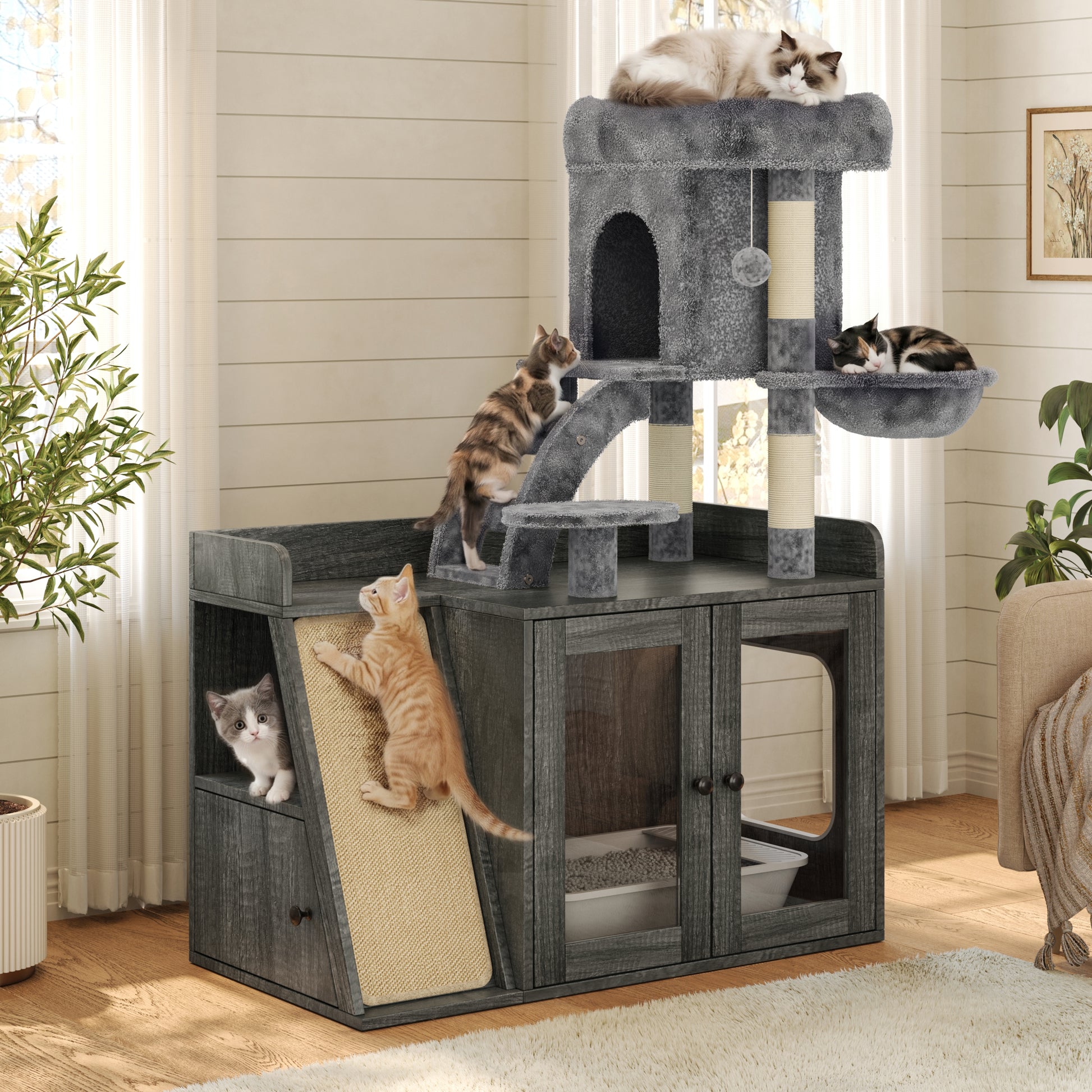 Litter Box Enclosure with Cat Tree, Hidden Litter Box with LED Light, Sisal Scratching Board and Storage Space, Modular Litter Box Furniture with Condo and Platform, All-in-one Cat Tower,Grey image 1