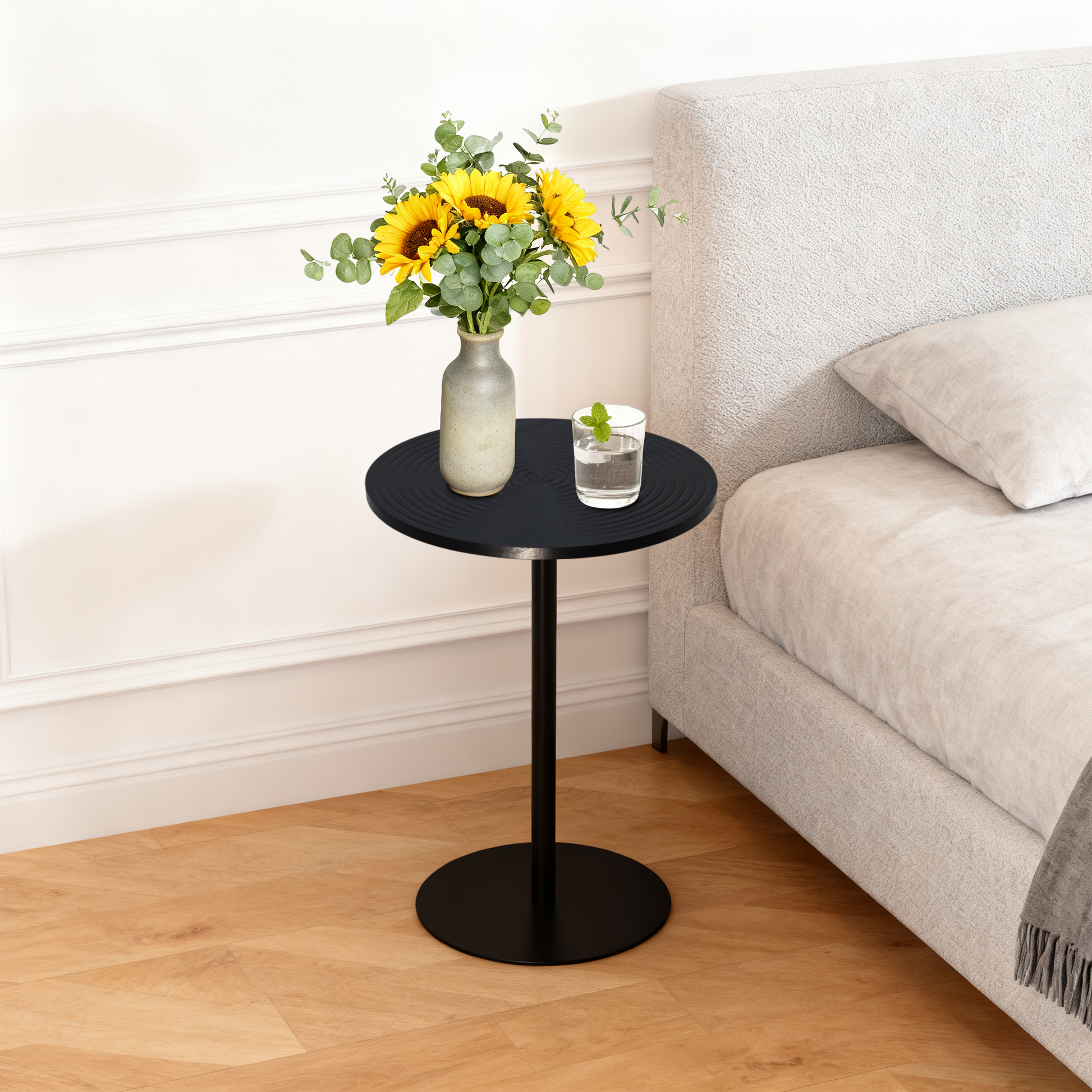 Set of 2 Small Round Side Table Wooden Concentric Circles Coffee Table for Two Metal Pedestal Nightstand for Corner Small Space (Walnut Brown & Black) image 6