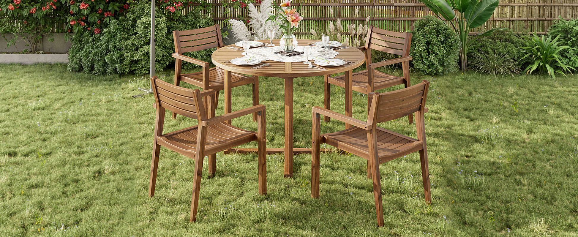 U_STYLE 5-Piece Outdoor Dining Set with 4 Acacia Wood Chairs,47.2" Round Dining Table with Slatted Design, Ideal for Patios, Gardens, Poolsides, and Lawn Areas & Indoor image 3