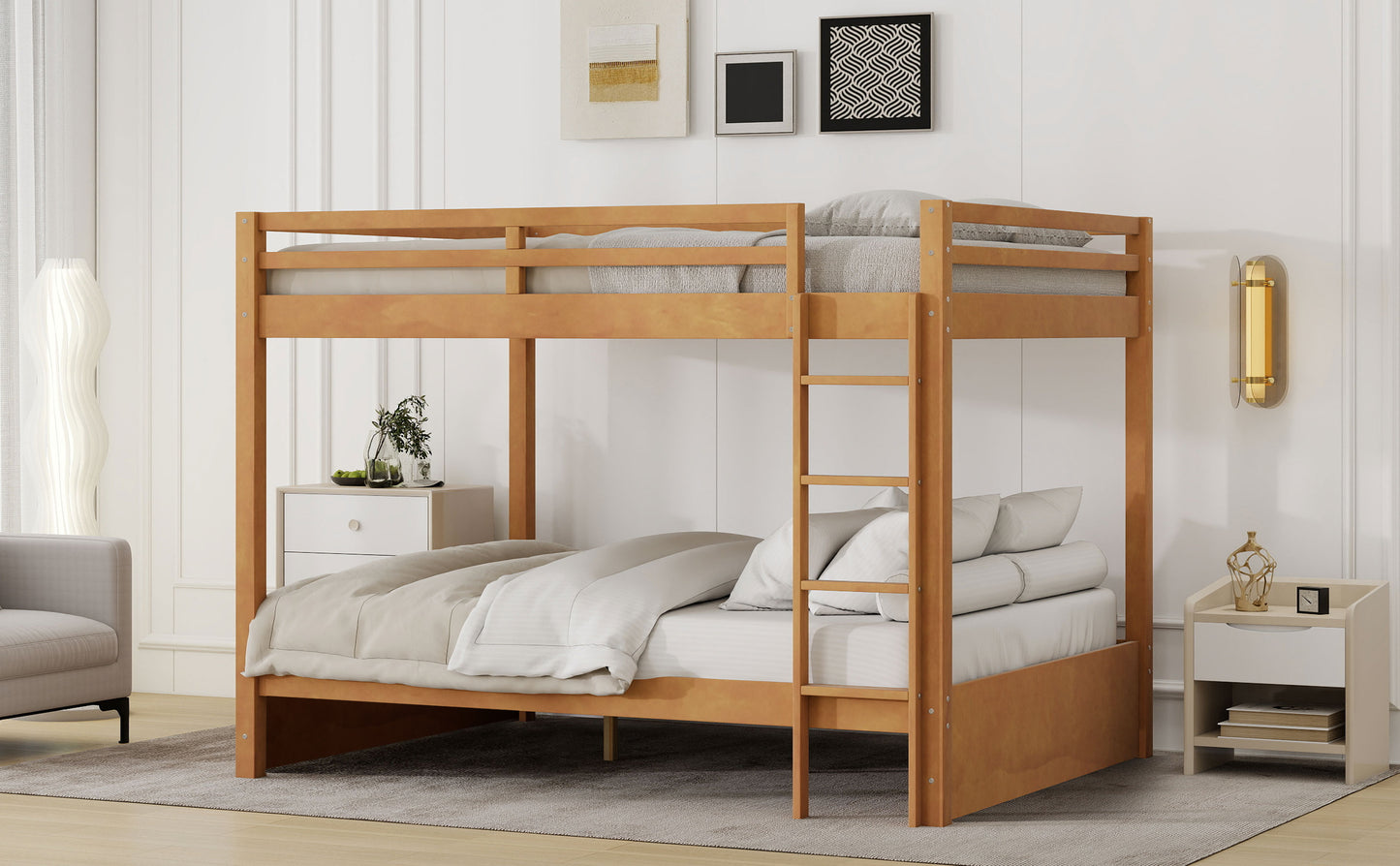 Wood Queen Size Bunk Bed with Ladder, Wood Color image 6