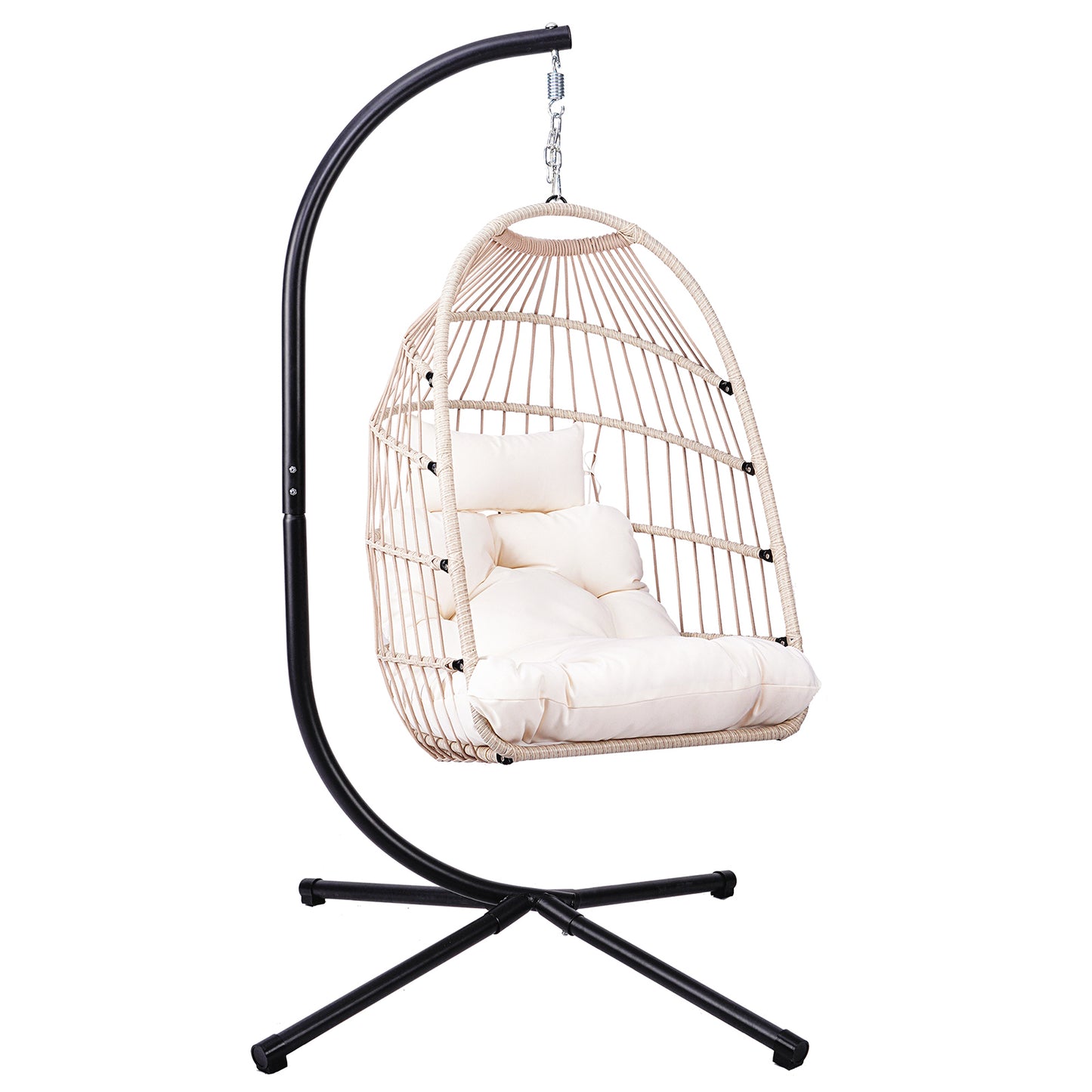 Foldable Hanging Egg Chair with Stand and Pillow, HDPE Rattan and Heavy Duty Aluminum-Steel Frame, Outdoor Patio Wicker Swing Egg Chair with Headrest and Cushioned, 350 Lbs Capacity (White) image 7